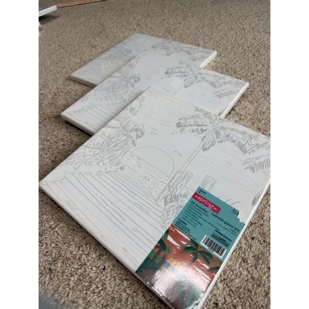 Lot of 3 The Spring Shop Beach Sunset Canvas Paint Kit 11x11 DIY Art Set NWT